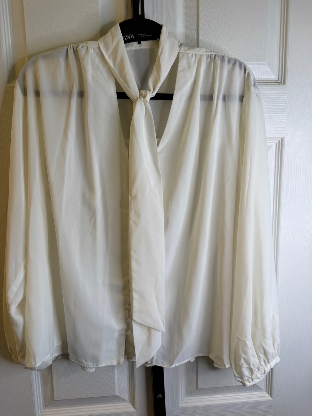 Zara Cream Tie-Neck Balloon Sleeve Blouse, size Large